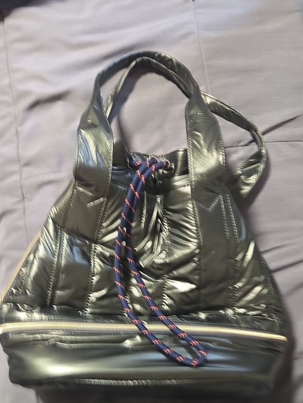 Stella & Dot Shiny Black Quilted Tote with Navy and Pink Braided Drawstring